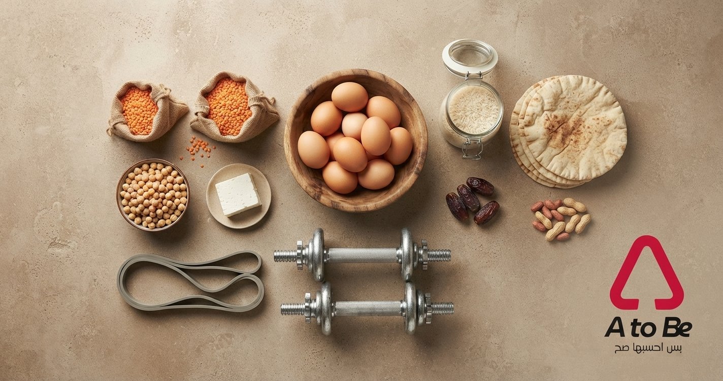 Eggs, lentils and bulgur next to a dumbbell